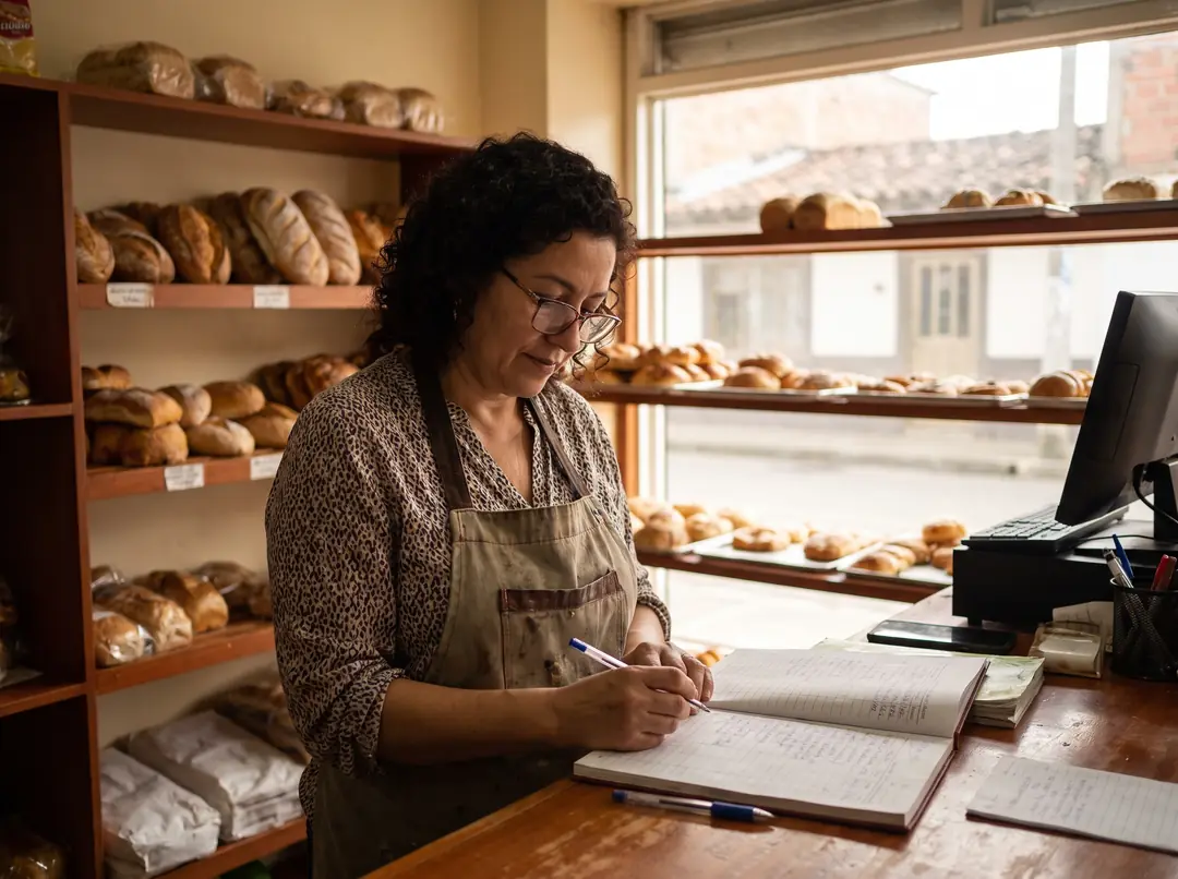 Dueña de una panadería en Medellín revisando sus cuentas en el mostrador