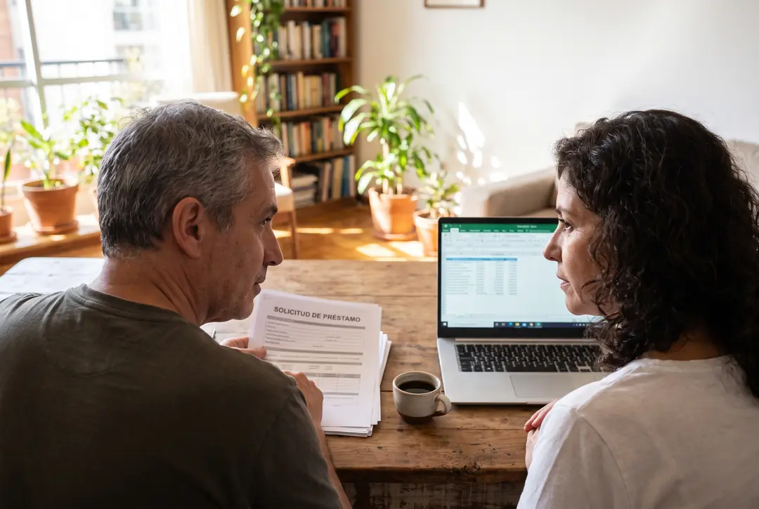 Pareja revisando en casa los documentos de su crédito